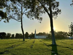 Bayer-Cemetery-Brokers-Forest-Lawn-Cypress-View-across-Eternal-Peace-Towards-Church-of-our-Fathers-at-Sunset
