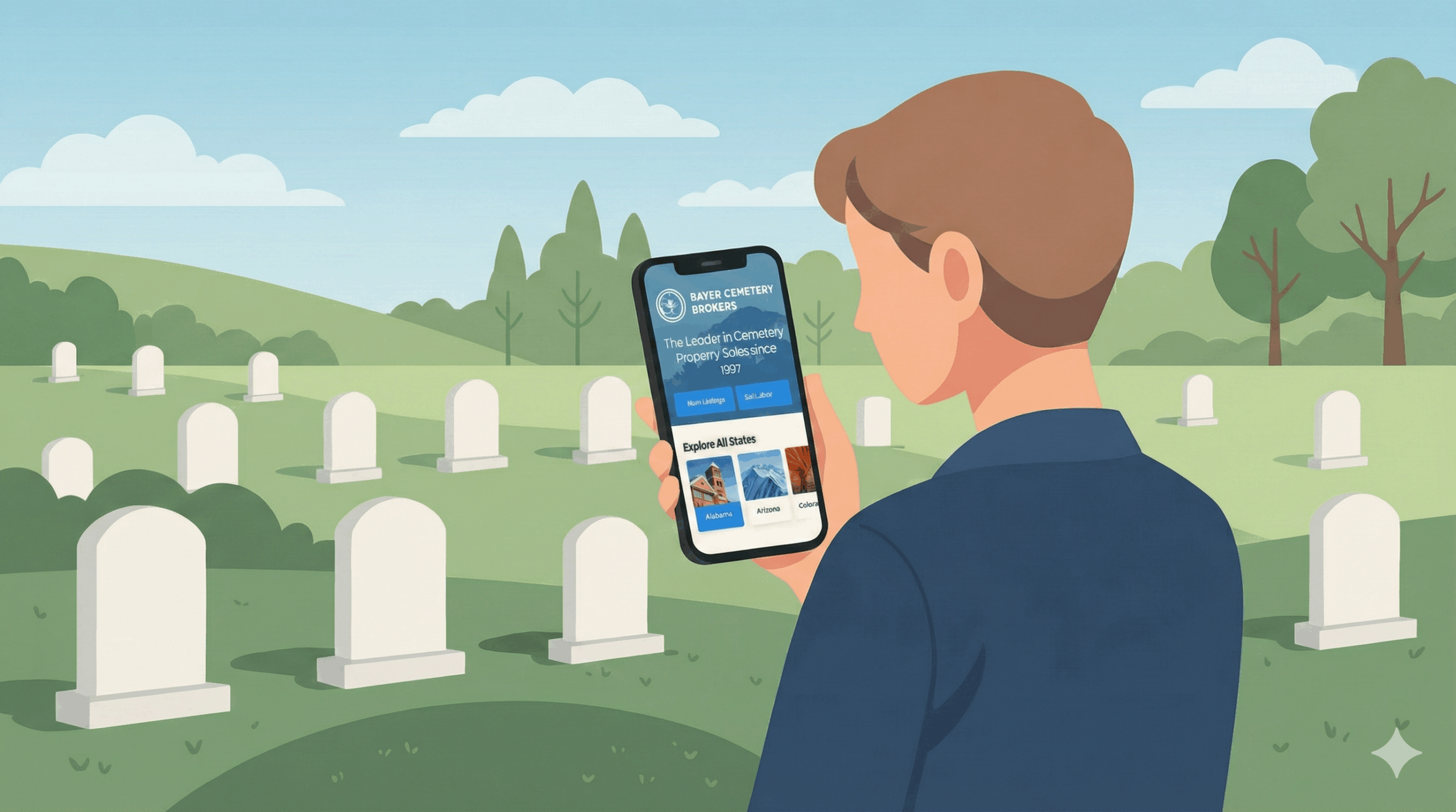 A person using the bayer cemetery brokers website at a cemetery