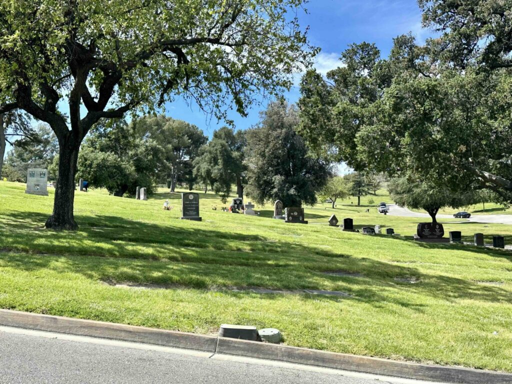 Eternal Valley Memorial Park Newhall View of Pioneer Lawn with upright markers - Bayer Cemetery Brokers