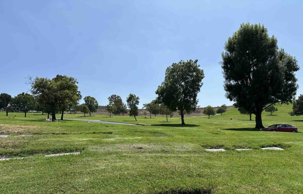 View across Serenity lawn looking up towards Honor Lawn at Forest Lawn Memorial Park Covina - Bayer Cemetery Brokers