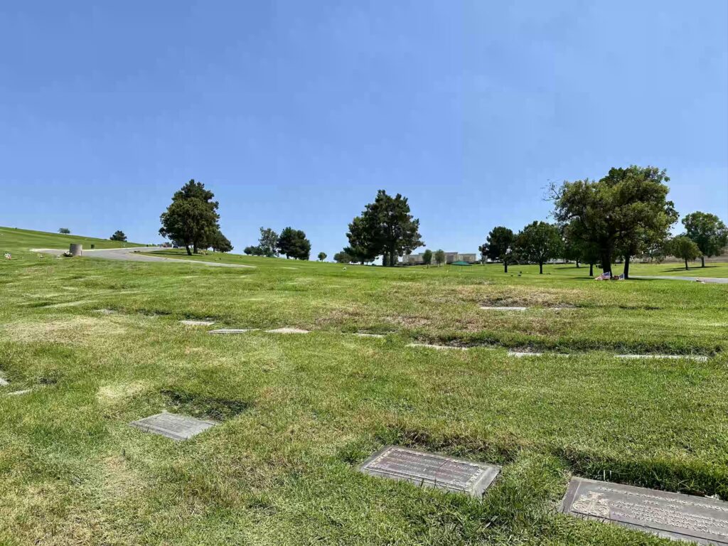 View across Serenity lawn looking up towards Valor Lawn at Forest Lawn Memorial Park Covina - Bayer Cemetery Brokers