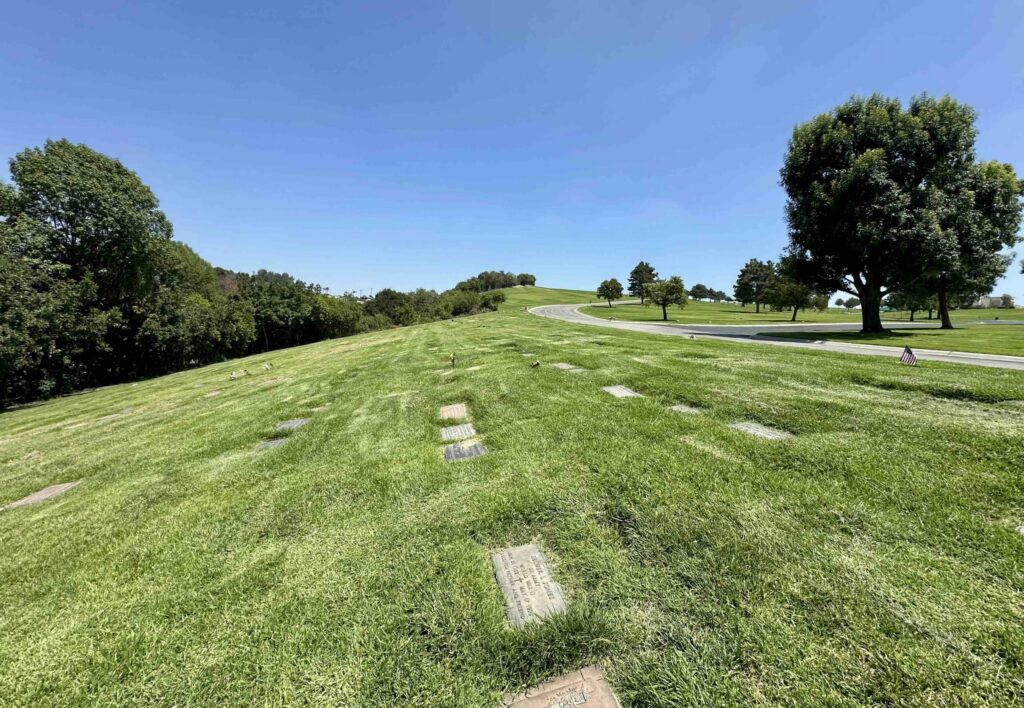 View across Serenity lawn looking up towards North East at Forest Lawn Memorial Park Covina - Bayer Cemetery Brokers