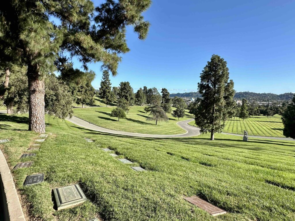 View across Sunrise Slope towards Vesperland at Forest Lawn Memorial Park Glendale - Bayer Cemetery Brokers