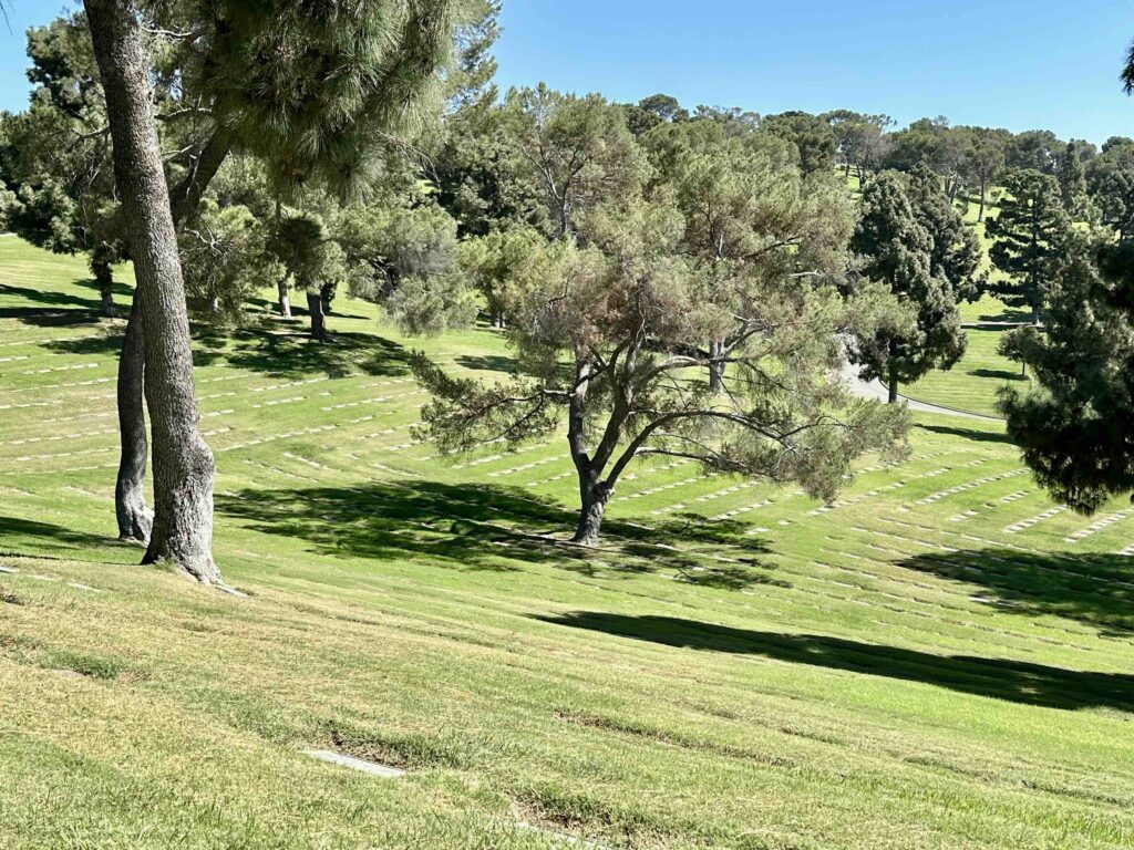 View of Sunrise Slope with mature trees and lawn at Forest Lawn Memorial Park Glendale - Bayer Cemetery Brokers