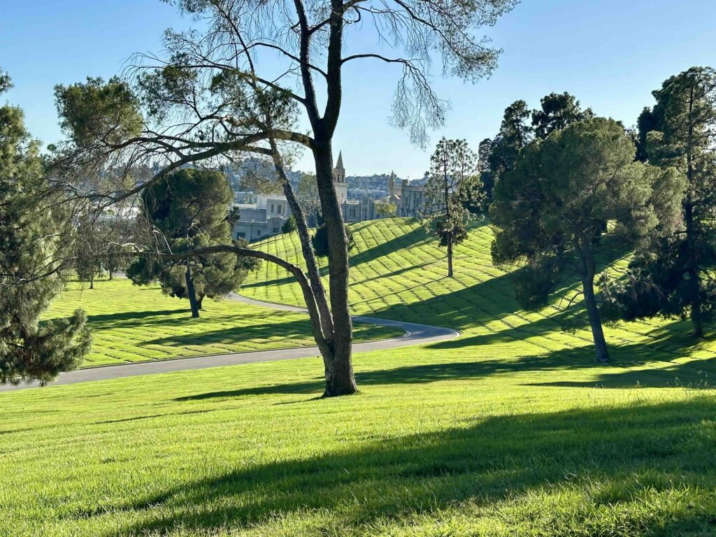 View across Sunrise Slope towards Great Mausoleum at Forest Lawn Memorial Park Glendale - Bayer Cemetery Brokers
