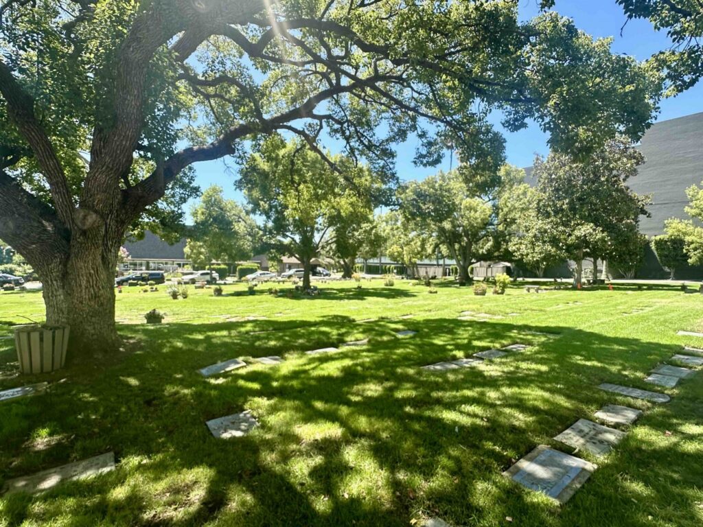 View across the main lawn with lush grass and shade at Pierce Brothers Westwood Village Memorial Park- Bayer Cemetery Brokers