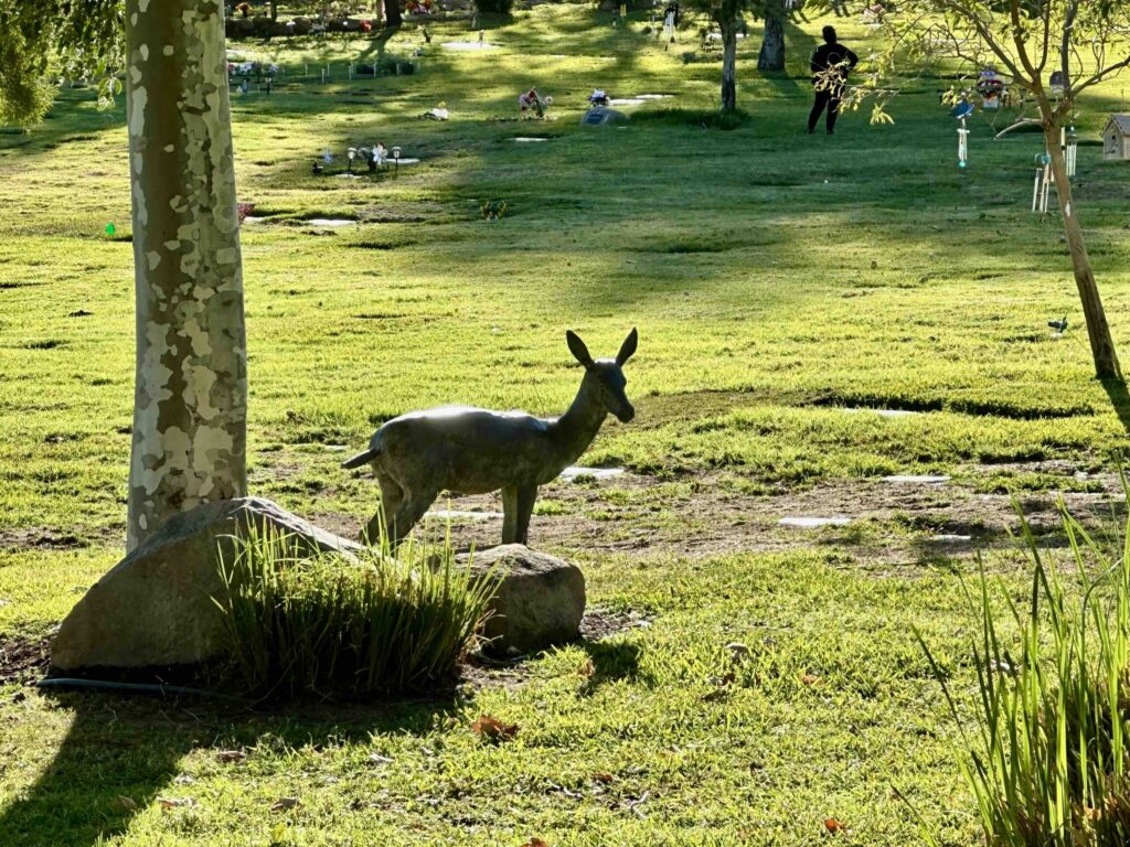 View of Staggs Retreat statue in Garden of Devotion with pretty trees and grass at Singing Hills Memorial Park El Cajon- Bayer Cemetery Brokers