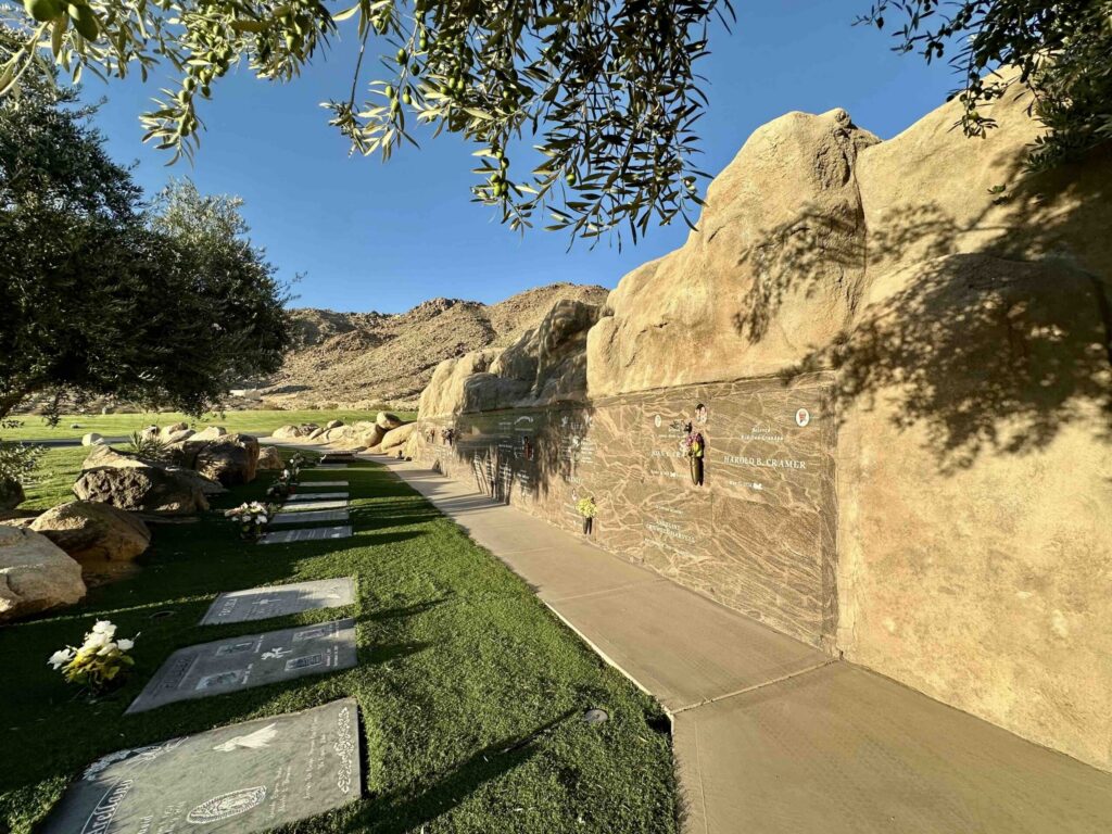 Spectacular vew at dusk of Eternal Rocks deluxe companion Crypts wall at Sunset Hills Memorial Park Apple Valley - Bayer Cemetery Brokers