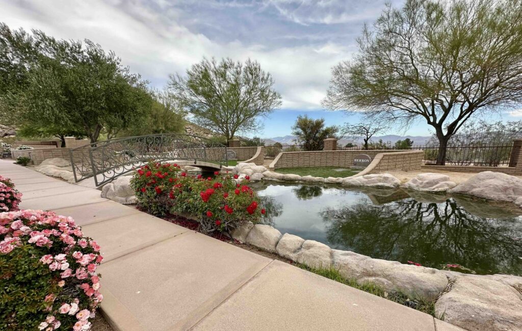 Garden of Reflection premium burial section showing view in peaceful morning light at Sunset Hills Memorial Park Apple Valley - Bayer Cemetery Brokers