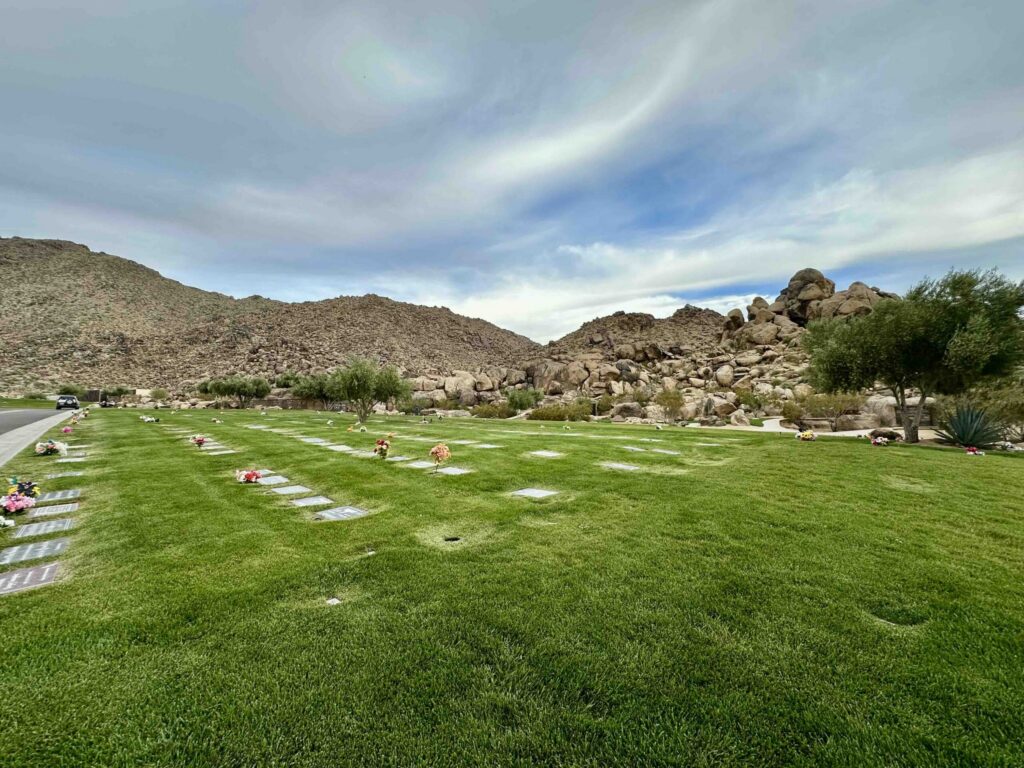 Calming and peaceful view of the Eternal Rocks section with Big Horn in the background at Sunset Hills Memorial Park Apple Valley - Bayer Cemetery Brokers
